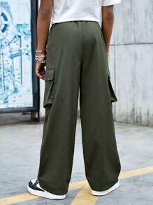 SHEIN Quần Trai Túi màu trơn Giải trí - xanh quân đội - Xem 8