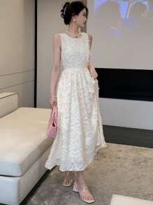 DAZY Solid Fuzzy A-Line Organza Dress, Birthday ,New Year Eve Prom Dress,Formal Women Dresses Elegant Women Dresses - Beige - View 4