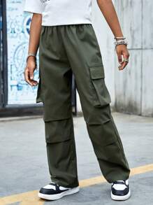 SHEIN Quần Trai Túi màu trơn Giải trí - xanh quân đội - Xem 6