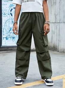 SHEIN Quần Trai Túi màu trơn Giải trí - xanh quân đội - Xem 9