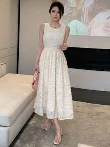 DAZY Solid Fuzzy A-Line Organza Dress, Birthday ,New Year Eve Prom Dress,Formal Women Dresses Elegant Women Dresses - Beige - View 5