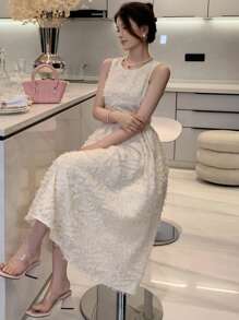 DAZY Solid Fuzzy A-Line Organza Dress, Birthday ,New Year Eve Prom Dress,Formal Women Dresses Elegant Women Dresses - Beige - View 2