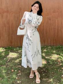 DAZY Floral Print Button Front Dress,Ruffle - White - View 8