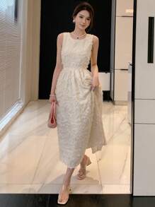 DAZY Solid Fuzzy A-Line Organza Dress, Birthday ,New Year Eve Prom Dress,Formal Women Dresses Elegant Women Dresses - Beige - View 9