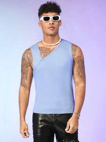 FeverCity Men Solid Asymmetrical Neck Tank Top - Baby Blue - View 1