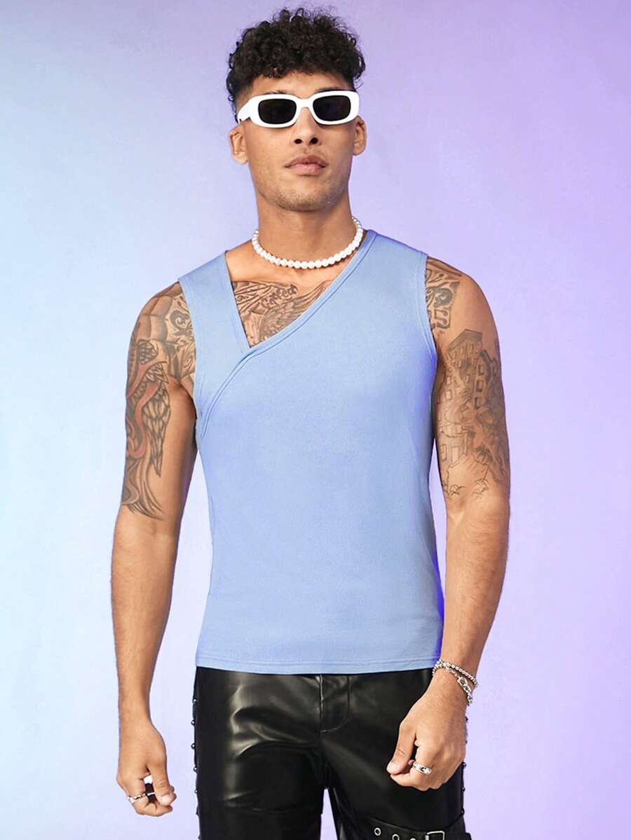 FeverCity Men Solid Asymmetrical Neck Tank Top - Baby Blue - View 1