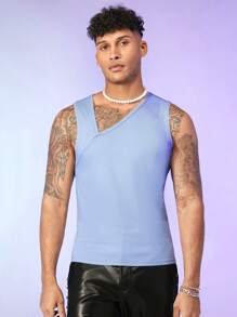 FeverCity Men Solid Asymmetrical Neck Tank Top - Baby Blue - View 3