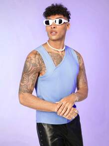 FeverCity Men Solid Asymmetrical Neck Tank Top - Baby Blue - View 4