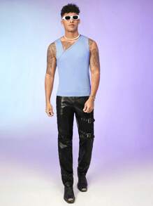 FeverCity Men Solid Asymmetrical Neck Tank Top - Baby Blue - View 5