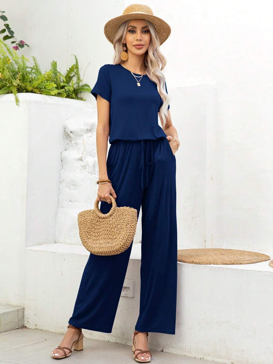 DEARCASE Solid Drawstring Waist Jumpsuit - Navy Blue - View 1