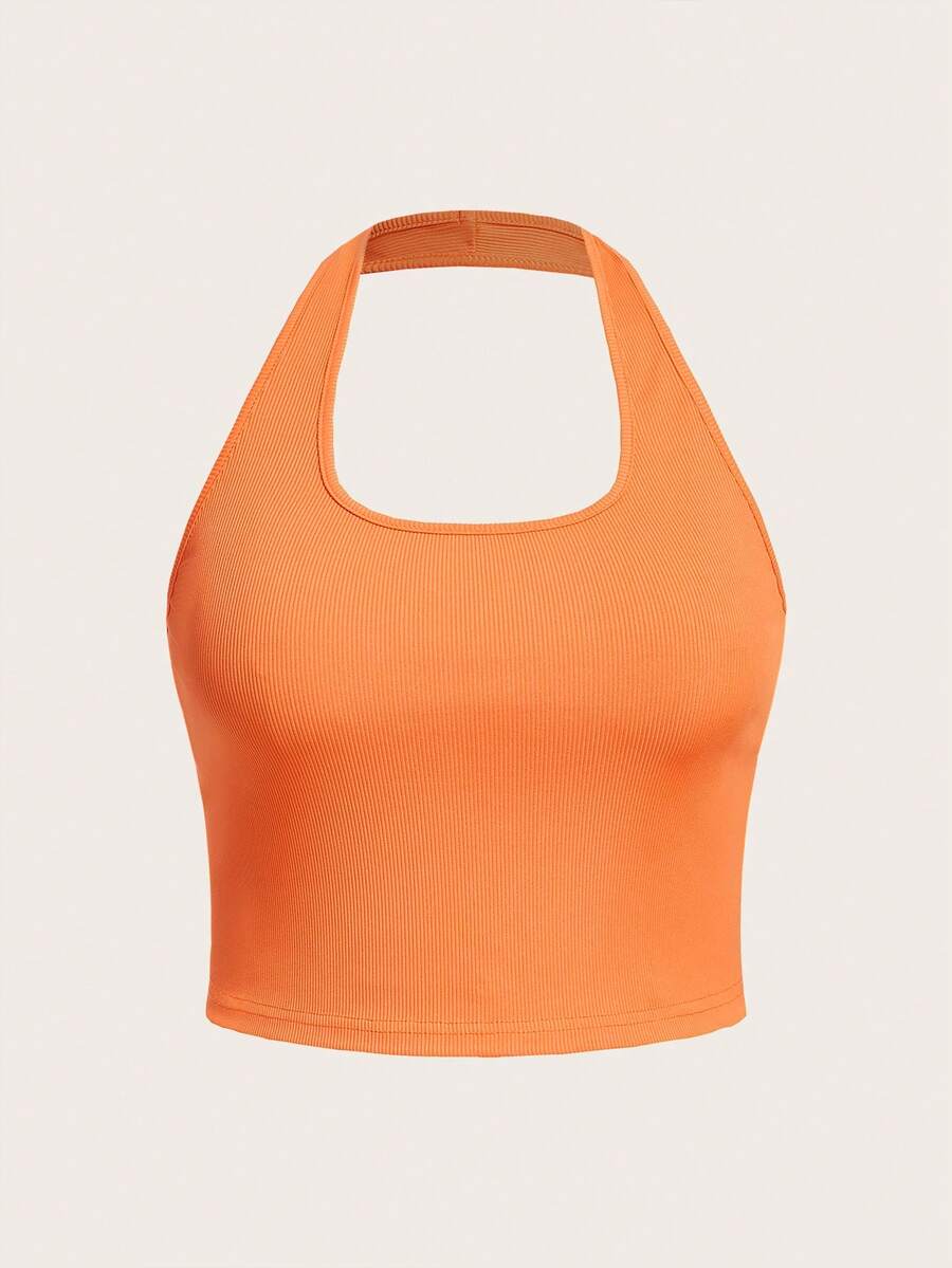 SHEIN EZwear 大碼素色掛脖上衣 - 橘色 - 查看 1