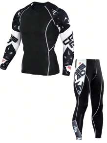 SHEIN Fitness Men Geo Print Top-Stitching Raglan Sleeve Sports Set, Athletic Suit, Tracksuit - Black - View 1