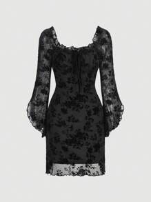 SHEIN MOD Floral Print Flounce Sleeve Mesh Dress - Black - View 1