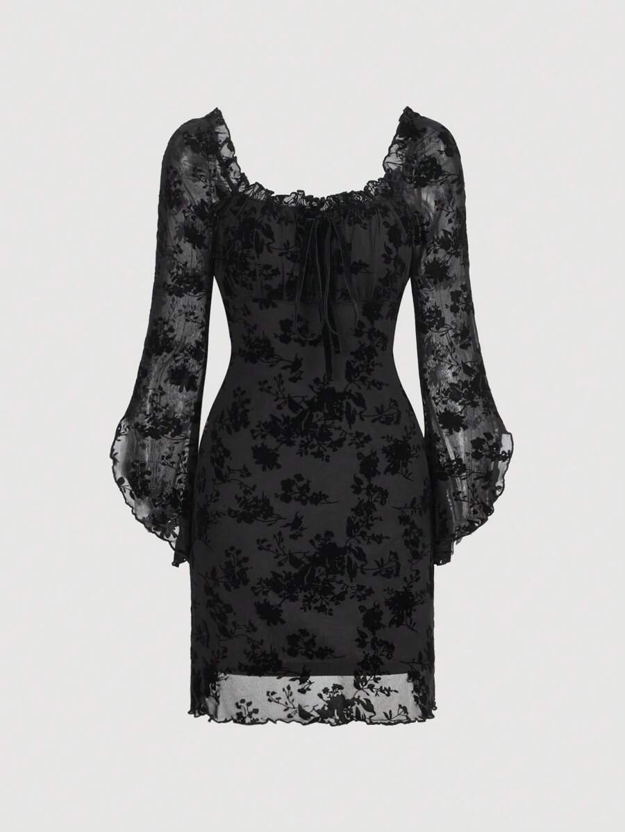 SHEIN MOD Floral Print Flounce Sleeve Mesh Dress - Black - View 1