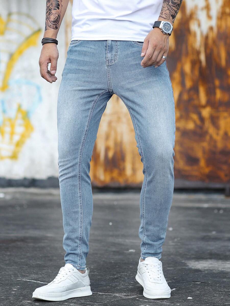 Manfinity Homme Men Cotton Slant Pocket Skinny Jeans - Light Wash - View 1