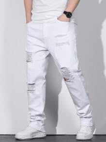Manfinity LEGND Men Plus Cotton Drawstring Waist Straight Leg Jeans - White - View 1