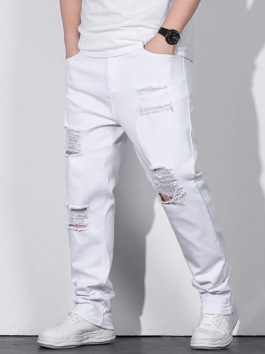 Manfinity LEGND Men Plus Cotton Drawstring Waist Straight Leg Jeans - White - View 1