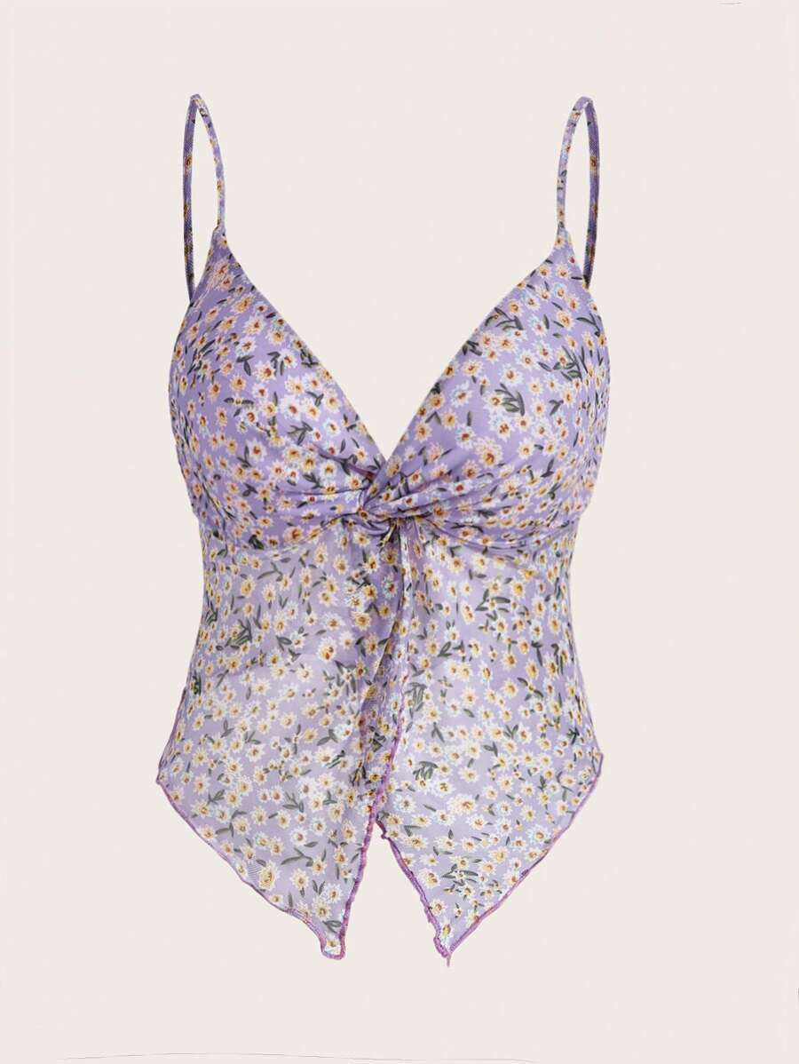 SHEIN Qutie 碎花前扭結吊帶上衣 - 彩色 - 查看 1