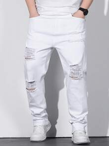 Manfinity LEGND Men Plus Cotton Drawstring Waist Straight Leg Jeans - White - View 3