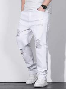 Manfinity LEGND Men Plus Cotton Drawstring Waist Straight Leg Jeans - White - View 6