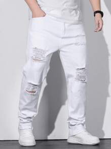 Manfinity LEGND Men Plus Cotton Drawstring Waist Straight Leg Jeans - White - View 7