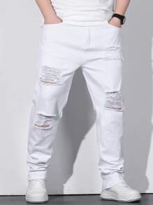 Manfinity LEGND Men Plus Cotton Drawstring Waist Straight Leg Jeans - White - View 8