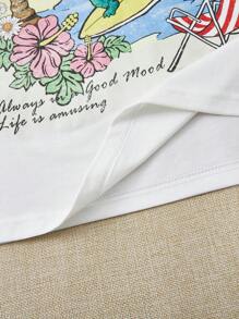 SHEIN EZwear 口号和热带印花落肩 T 恤 积极向上 乐观 总是心情愉快 生活充满乐趣 - 白色 - 查看 5