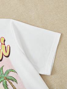 SHEIN EZwear 口号和热带印花落肩 T 恤 积极向上 乐观 总是心情愉快 生活充满乐趣 - 白色 - 查看 6