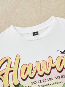 SHEIN EZwear 口号和热带印花落肩 T 恤 积极向上 乐观 总是心情愉快 生活充满乐趣 - 白色 - 查看 7