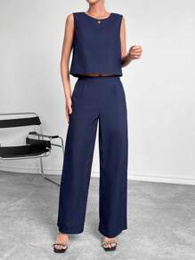 Siren Gaze Solid Tank Top & Wide Leg Trousers - Navy Blue - View 2
