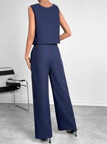 Siren Gaze Solid Tank Top & Wide Leg Trousers - Navy Blue - View 3