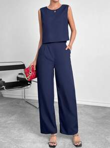 Siren Gaze Solid Tank Top & Wide Leg Trousers - Navy Blue - View 4