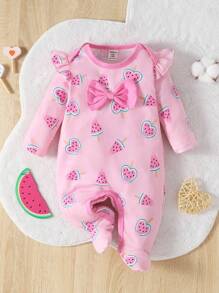 嬰兒女裝西瓜印花荷葉邊蝴蝶結前扣腳套睡衣連體衣