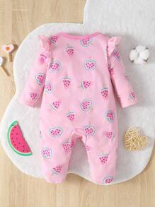 嬰兒女裝西瓜印花荷葉邊蝴蝶結前扣腳套睡衣連體衣