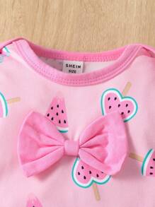 嬰兒女裝西瓜印花荷葉邊蝴蝶結前扣腳套睡衣連體衣