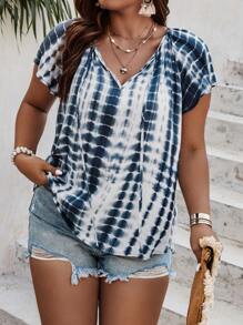 SHEIN Holidaya Áo sơ mi Plus Size Thắt nơ trước Cà vạt nhuộm Giải trí - Màu xanh lam - Xem 2