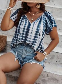 SHEIN Holidaya Áo sơ mi Plus Size Thắt nơ trước Cà vạt nhuộm Giải trí - Màu xanh lam - Xem 1
