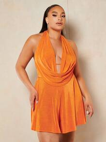 SHEIN BAE Plus Draped Front Backless Halter Neck Romper