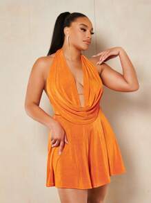 SHEIN BAE Plus Draped Front Backless Halter Neck Romper