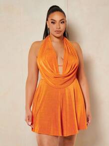 SHEIN BAE Plus Draped Front Backless Halter Neck Romper
