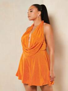 SHEIN BAE Plus Draped Front Backless Halter Neck Romper