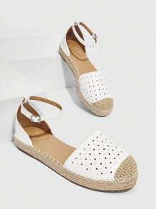 Styleloop 女士鏤空踝帶度假白色編織平底鞋 - 白色 - 查看 5