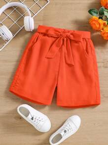 SHEIN 女孩素色斜口袋直筒短褲 - 橘色 - 查看 1