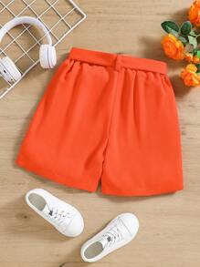 SHEIN 女孩素色斜口袋直筒短褲 - 橘色 - 查看 2