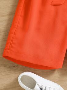 SHEIN 女孩素色斜口袋直筒短褲 - 橘色 - 查看 4