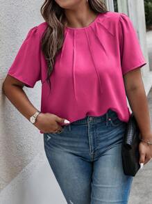 Celure 大碼拼接細節泡泡袖襯衫 - 玫紅色 - 查看 4