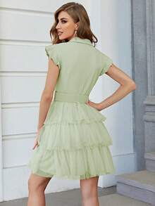 Simplee 西裝領荷葉邊繫腰帶連衣裙 - 綠色 - 查看 2