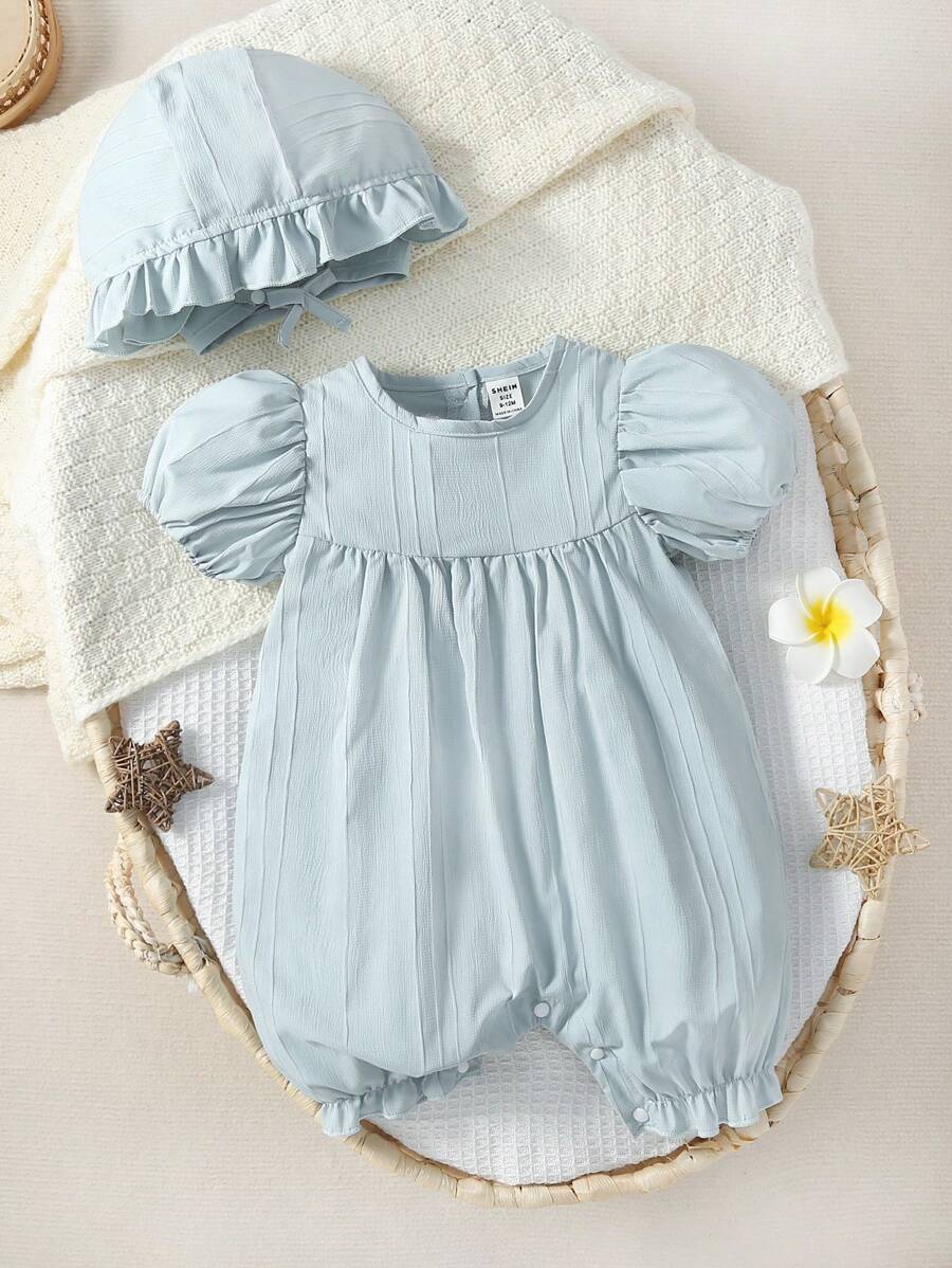 SHEIN Baby Puff Sleeve Ruffle Hem Romper - Baby Blue - View 1