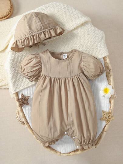 SHEIN Vintaside Kids Baby Girl Puff Sleeve Ruffle Hem Romper