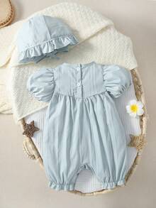 SHEIN Baby Puff Sleeve Ruffle Hem Romper - Baby Blue - View 2
